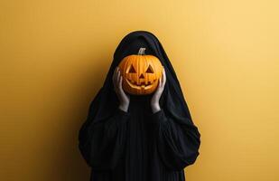 A woman in black robes holds a carved pumpkin head over her face on a yellow background photo