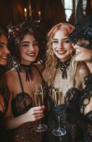 Friends in costume clinking champagne glasses at a Halloween party, celebrating joyfully together photo
