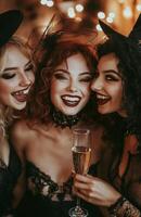 Friends in costume clinking champagne glasses at a Halloween party, celebrating joyfully together photo