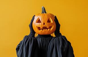 A woman in black robes holds a carved pumpkin head over her face on a yellow background photo