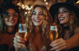 Friends in costume clinking champagne glasses at a Halloween party, celebrating joyfully together photo