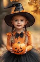 A young girl with black pigtails, an orange shirt, a witch hat, and a pumpkin photo