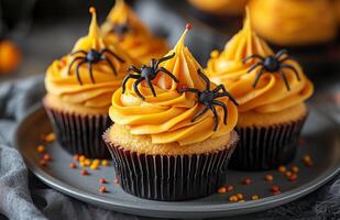 Halloween themed cupcakes with spider decorations are creatively arranged on a festive plate for display photo