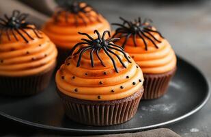 Halloween themed cupcakes with spider decorations are creatively arranged on a festive plate for display photo