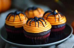 Halloween themed cupcakes with spider decorations are creatively arranged on a festive plate for display photo