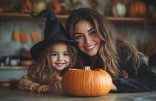 A mother and daughter sit at a table decorating a pumpkin for Halloween in festive costumes photo