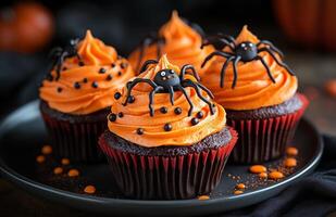 Halloween themed cupcakes with spider decorations are creatively arranged on a festive plate for display photo
