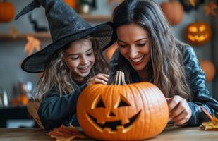 A mother and daughter sit at a table decorating a pumpkin for Halloween in festive costumes photo
