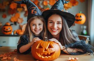 A mother and daughter sit at a table decorating a pumpkin for Halloween in festive costumes photo
