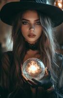 A beautiful woman in a black witch costume holds a glowing crystal ball with mystic energy photo