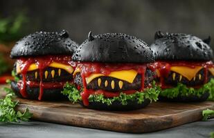 Halloween monster themed burgers with black buns, cheese, and ketchup on a wooden board photo