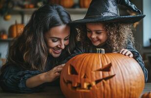 A mother and daughter sit at a table decorating a pumpkin for Halloween in festive costumes photo