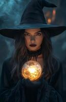 A beautiful woman in a black witch costume holds a glowing crystal ball with mystic energy photo
