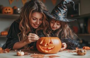 A mother and daughter sit at a table decorating a pumpkin for Halloween in festive costumes photo
