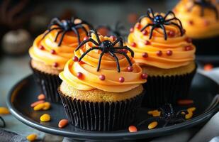Halloween themed cupcakes with spider decorations are creatively arranged on a festive plate for display photo