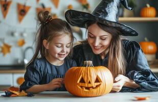 A mother and daughter sit at a table decorating a pumpkin for Halloween in festive costumes photo
