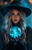 A beautiful woman in a black witch costume holds a glowing crystal ball with mystic energy photo