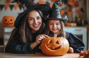A mother and daughter sit at a table decorating a pumpkin for Halloween in festive costumes photo