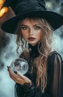 A beautiful woman in a black witch costume holds a glowing crystal ball with mystic energy photo