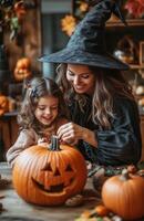 A mother and daughter sit at a table decorating a pumpkin for Halloween in festive costumes photo
