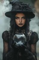 A beautiful woman in a black witch costume holds a glowing crystal ball with mystic energy photo