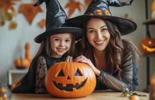 A mother and daughter sit at a table decorating a pumpkin for Halloween in festive costumes photo