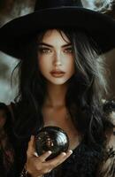 A beautiful woman in a black witch costume holds a glowing crystal ball with mystic energy photo