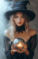 A beautiful woman in a black witch costume holds a glowing crystal ball with mystic energy photo
