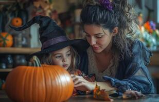 A mother and daughter sit at a table decorating a pumpkin for Halloween in festive costumes photo