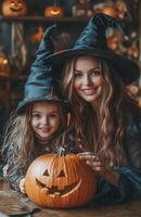 A mother and daughter sit at a table decorating a pumpkin for Halloween in festive costumes photo