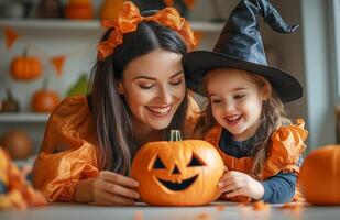 A mother and daughter sit at a table decorating a pumpkin for Halloween in festive costumes photo