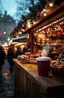 A cozy Christmas market stall offering steaming hot coffee, festive sweets, and holiday decorations photo