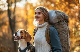 A joyful woman strolls in an autumn park with her beagle and a sleeping bag photo