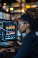 A Black woman analyzing business data on two monitors in a modern office photo