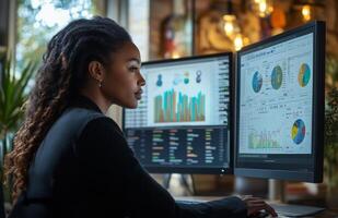 A Black woman analyzing business data on two monitors in a modern office photo