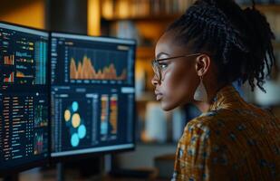 A Black woman analyzing business data on two monitors in a modern office photo