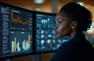 A Black woman analyzing business data on two monitors in a modern office photo