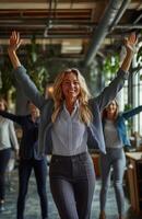 Office workers from different backgrounds engaged in group stretching exercises during a break photo