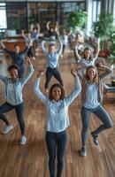 Office workers from different backgrounds engaged in group stretching exercises during a break photo