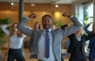 Office workers from different backgrounds engaged in group stretching exercises during a break photo