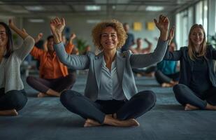 Office workers from different backgrounds engaged in group stretching exercises during a break photo