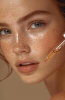 A freckled woman getting a facial treatment with a dropper bottle on beige background photo