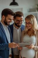 Young couple and realtor exploring empty white modern apartment, envisioning furniture arrangement in new home photo