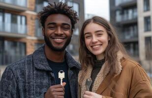 Young couple happily holding keys to their new home, beaming with joy photo