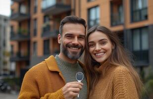 Young couple happily holding keys to their new home, beaming with joy photo