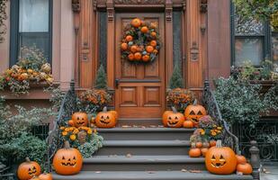 Pumpkins and gourds arranged on front steps, warmly welcoming autumn visitors with a festive touch photo