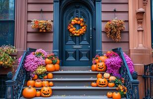Pumpkins and gourds arranged on front steps, warmly welcoming autumn visitors with a festive touch photo