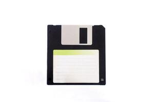 Top view of floppy disk with label, on a white background photo