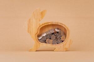 Saving coins in a piggy bank, financial income and financial investment, cash flow from working to earn money photo