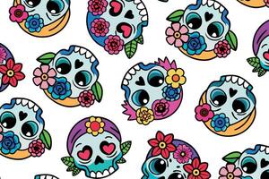 Bright skulls and flowers pattern with a playful twist, web backgrounds, fabric designs, party decor, Dia de los Muertos. Design, vibrant and cheerful color scheme vector